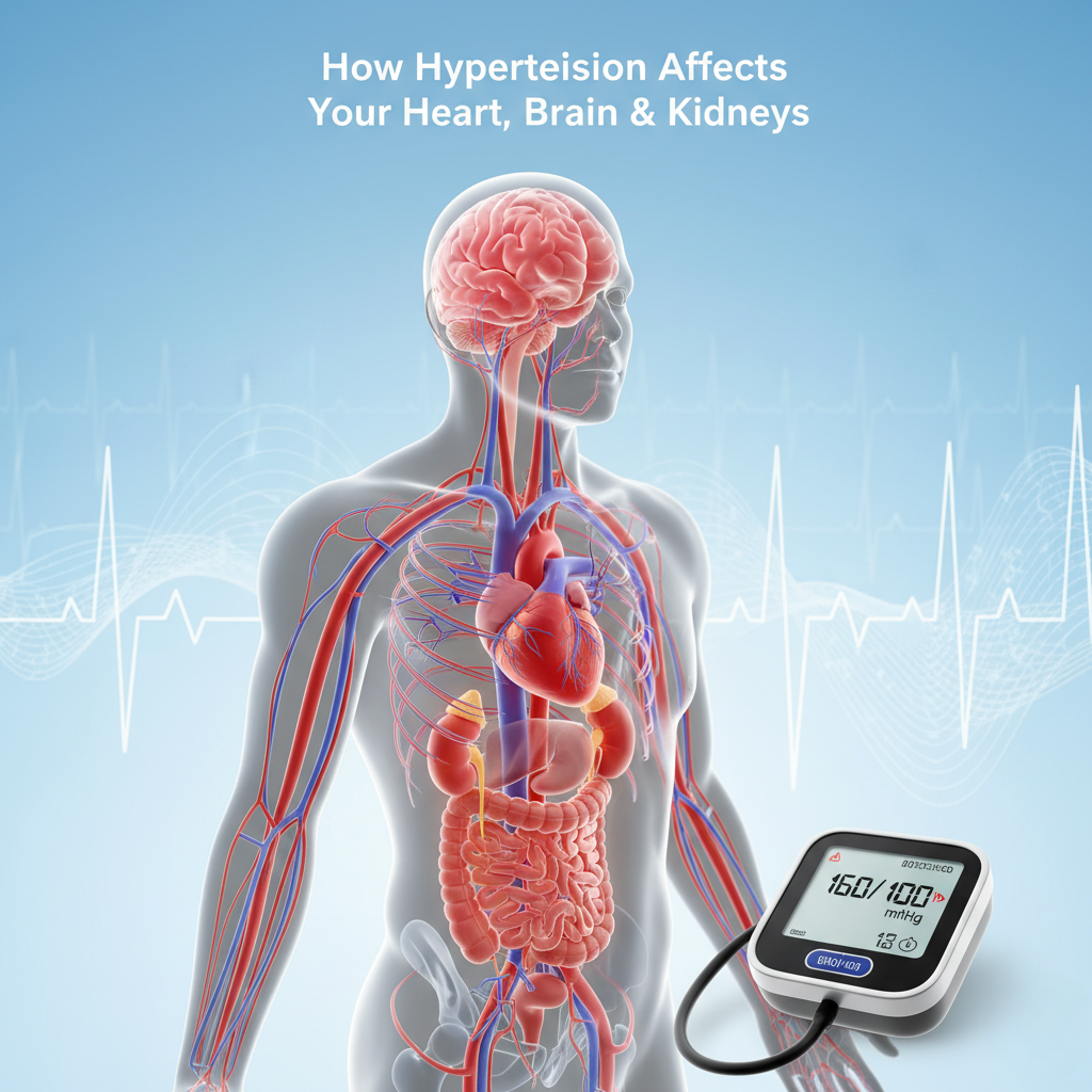 Realistic medical image showing how hypertension damages the heart, brain, and kidneys, with blood pressure monitor and arteries under pressure.