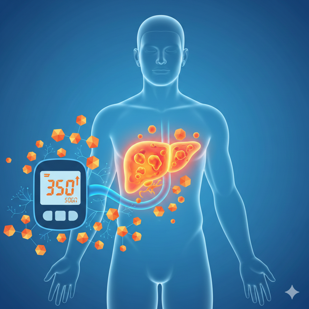 Illustration showing how high blood sugar leads to fatty liver and liver damage in people with diabetes