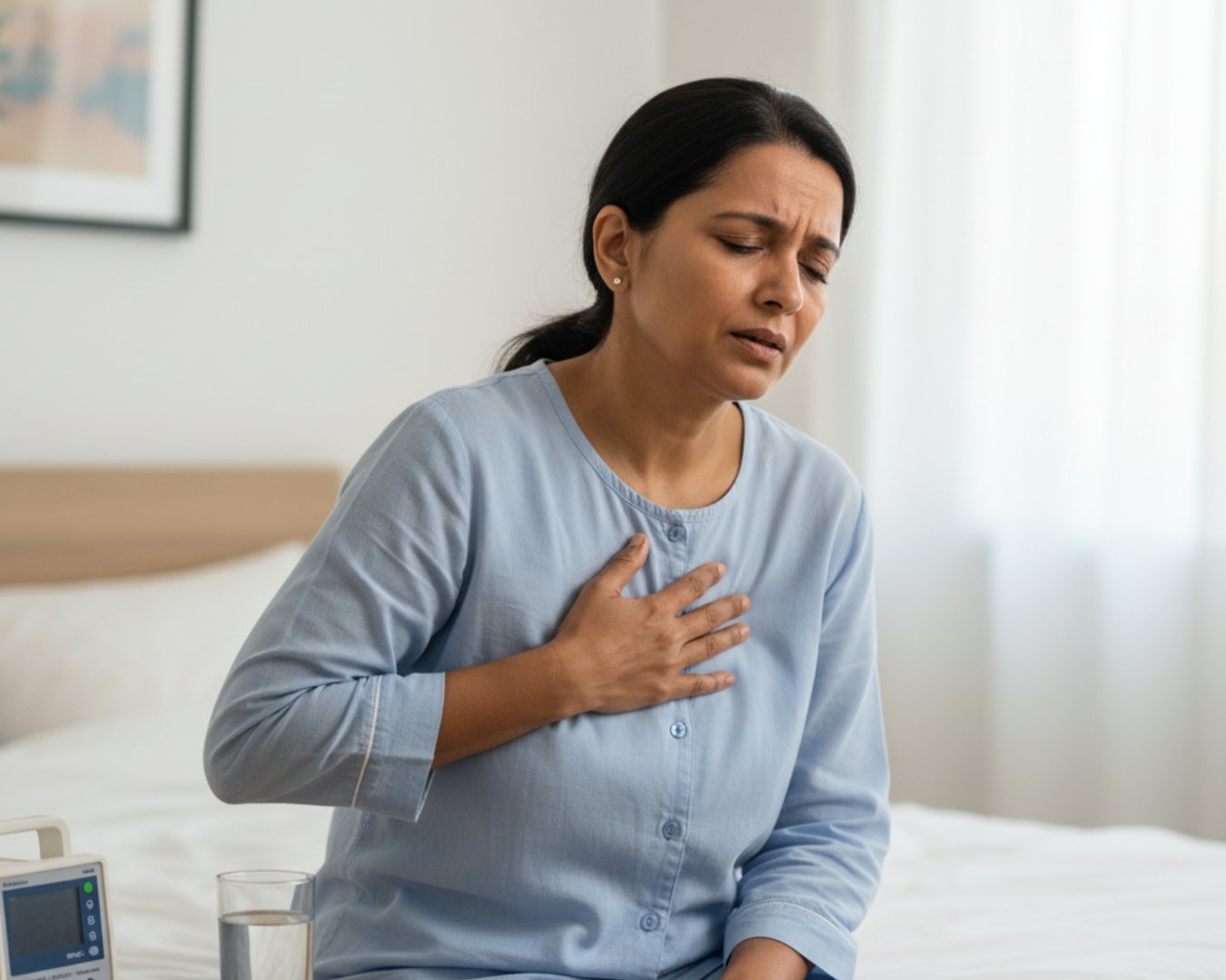Indian woman showing early heart attack symptoms like chest discomfort and fatigue