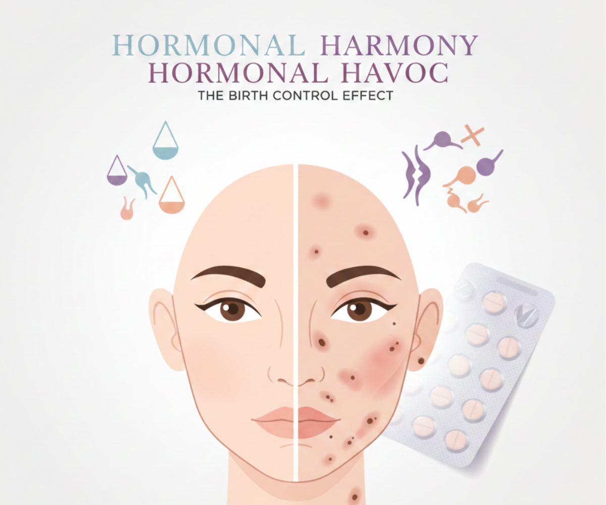 Skin changes caused by birth control pills showing hormonal effects like acne and pigmentation