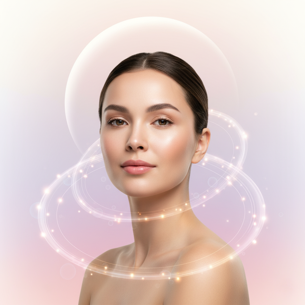 A calm, glowing woman surrounded by soft pastel light representing hormonal balance and emotional well-being through different phases of the menstrual cycle.