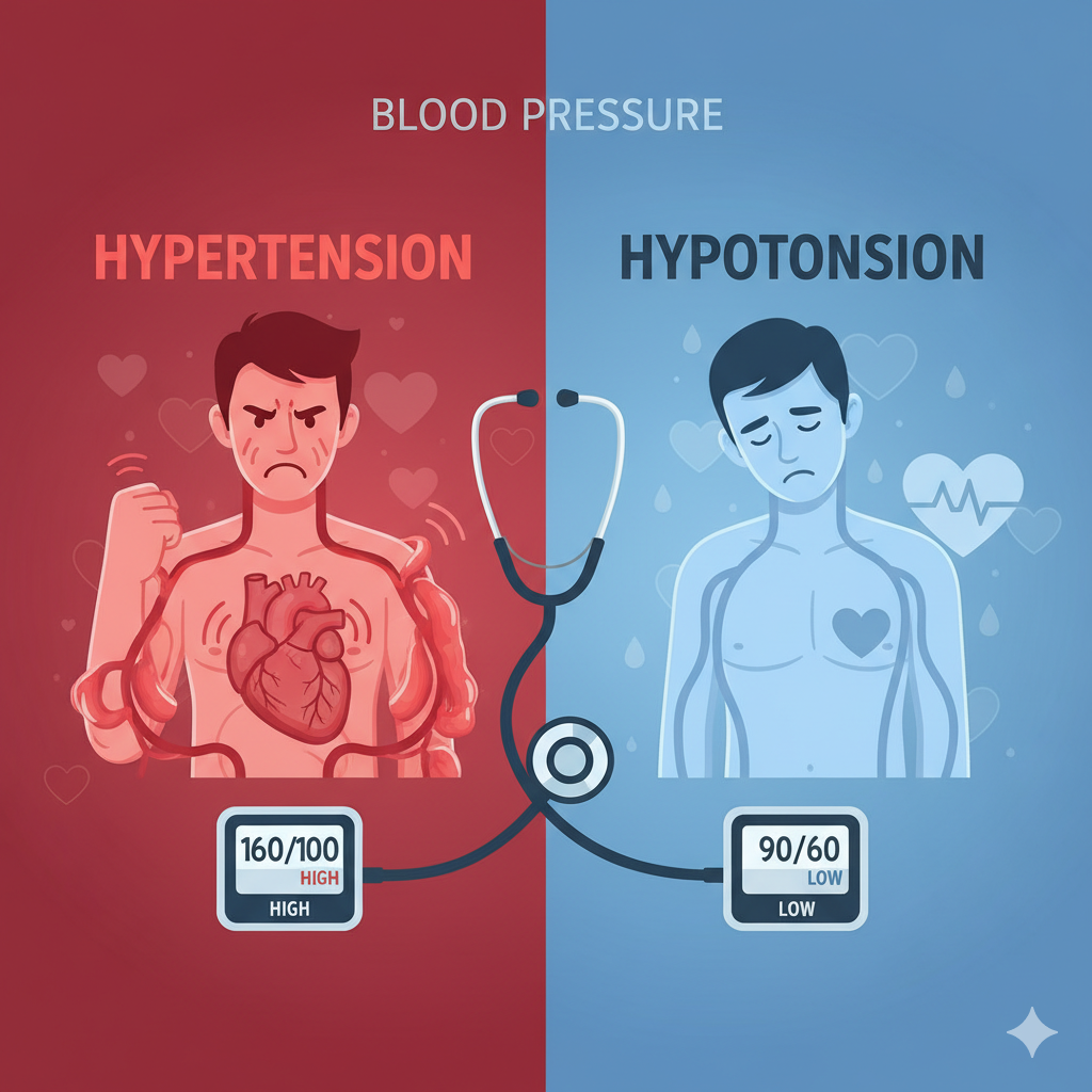 Illustration comparing hypertension and hypotension with a heart, blood pressure monitor, and contrasting red-blue tones.