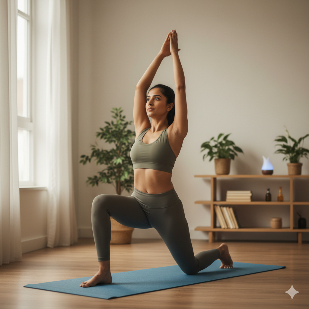 Indian woman doing simple yoga or stretching at home for PCOD management
