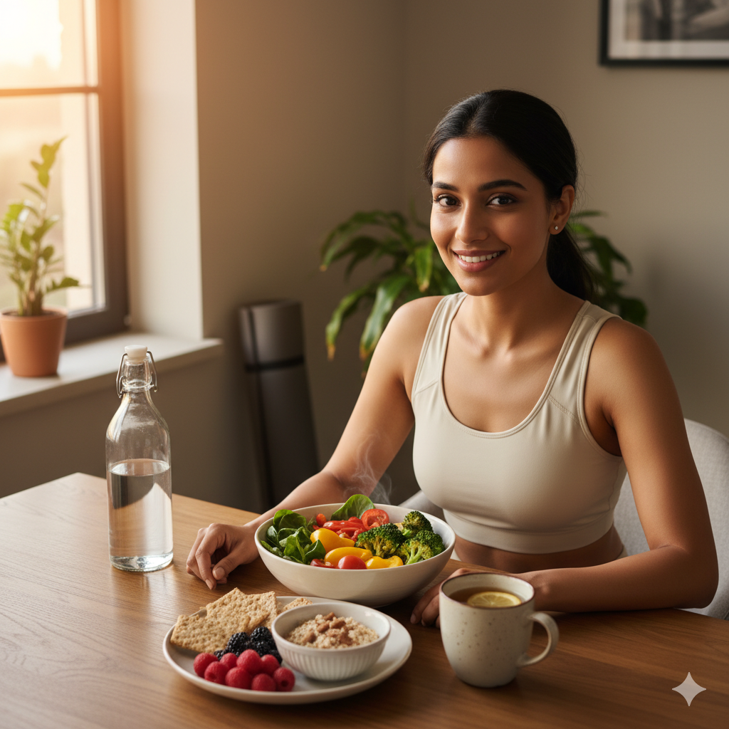 Indian woman preparing a healthy PCOD-friendly meal with vegetables, fruits, and herbal tea