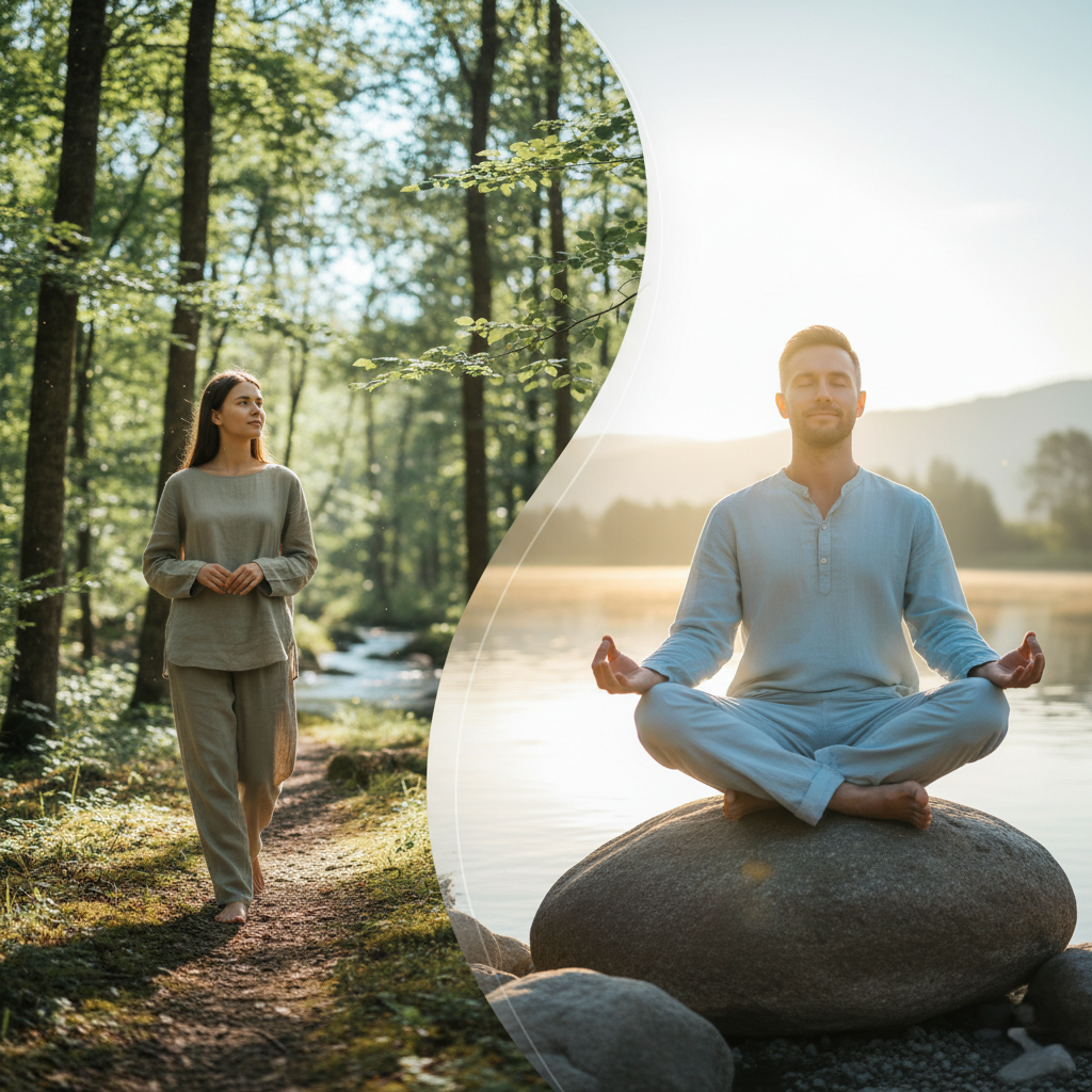 Two real people practicing mindfulness and meditation outdoors — one calmly walking in nature, another sitting peacefully with eyes closed, showing natural stress relief and relaxation.