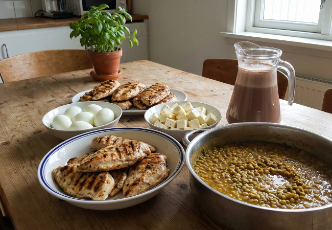 Large servings of protein-rich foods placed together to show excess protein intake.