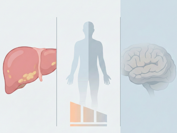 Illustration showing fatty liver linked to fatigue and brain fog in the body