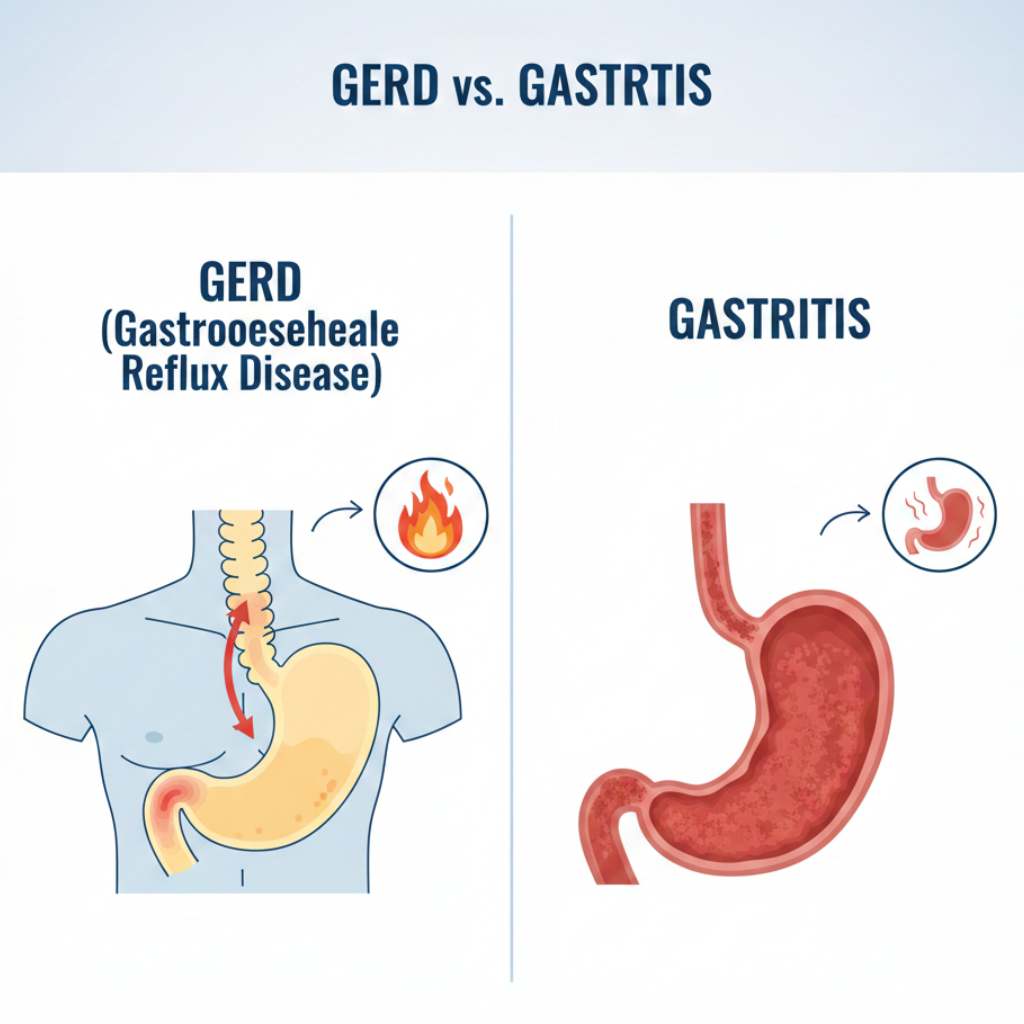 Comparison image showing acid reflux in GERD versus stomach lining inflammation in gastritis.