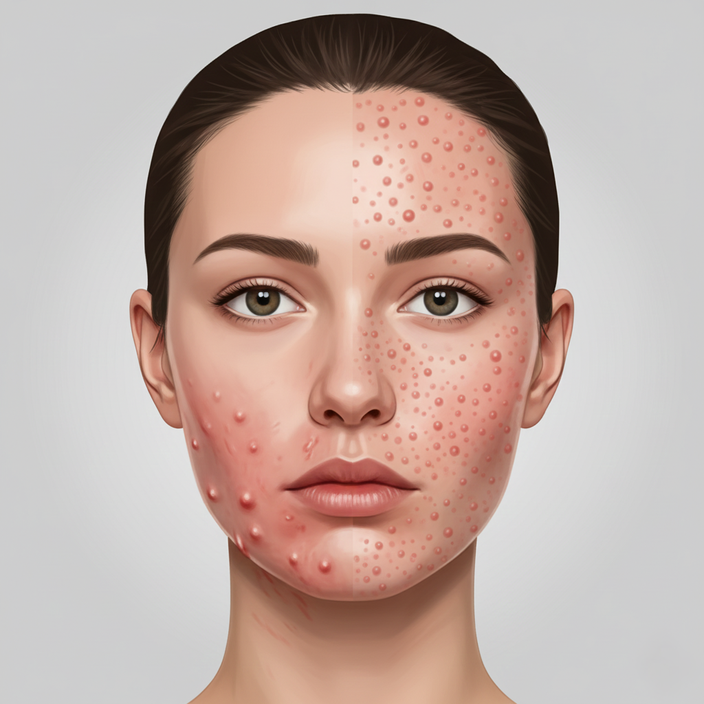 Split face showing hormonal acne on lower face and fungal acne on forehead and cheeks for comparison and identification