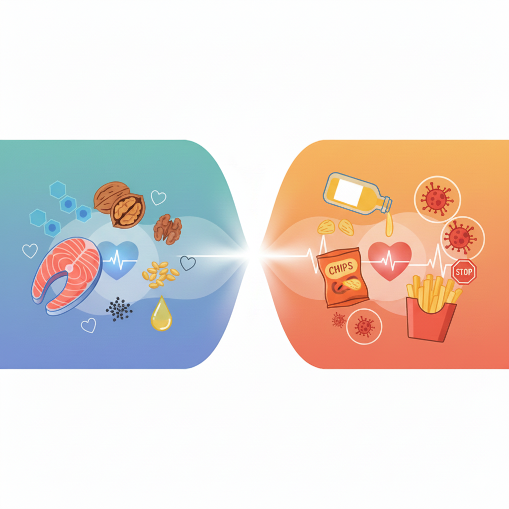 Comparison of omega-3 and omega-6 food sources showing healthy anti-inflammatory fats vs inflammatory fats