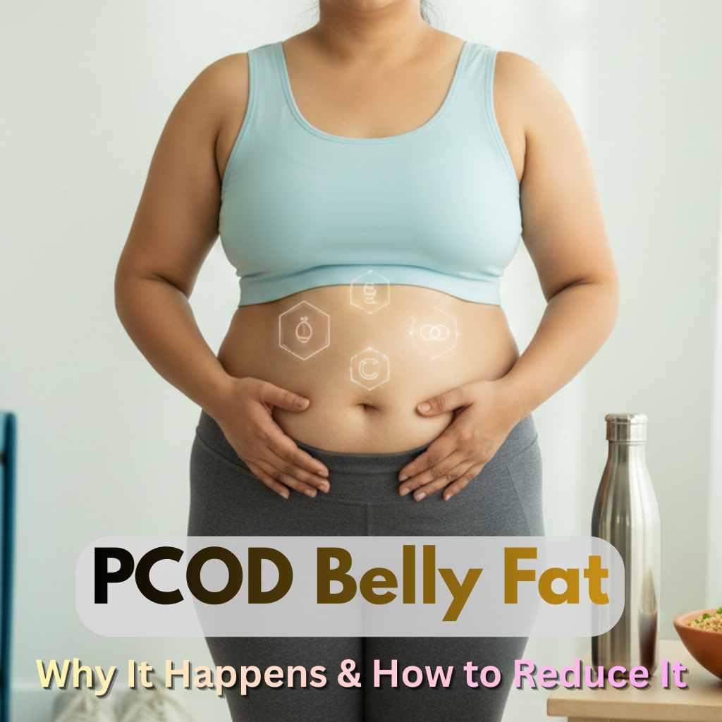 Indian woman showing PCOD belly fat caused by hormonal imbalance and insulin resistance, representing PCOD weight gain and tummy fat issues.