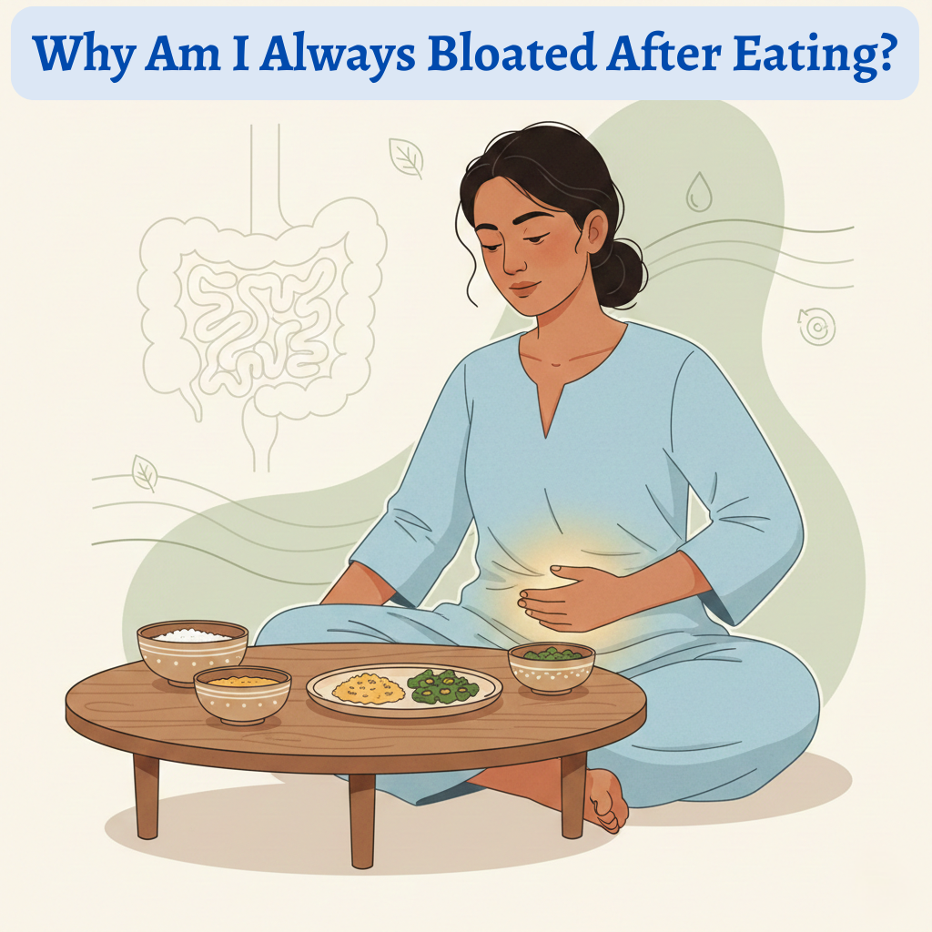Illustration of a woman feeling bloated after eating, highlighting digestion issues and gut health related to post-meal bloating.