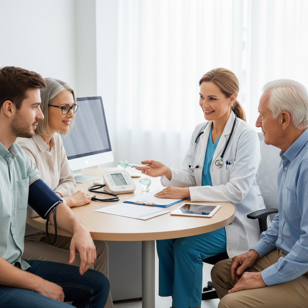 Preventive health checkup consultation showing a doctor reviewing routine screening tests with adults of different age groups