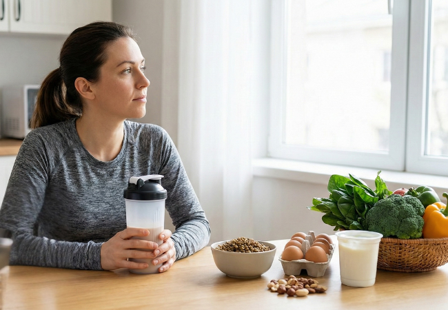 Protein supplements and whole foods placed side by side, representing protein overconsumption versus balanced nutrition.