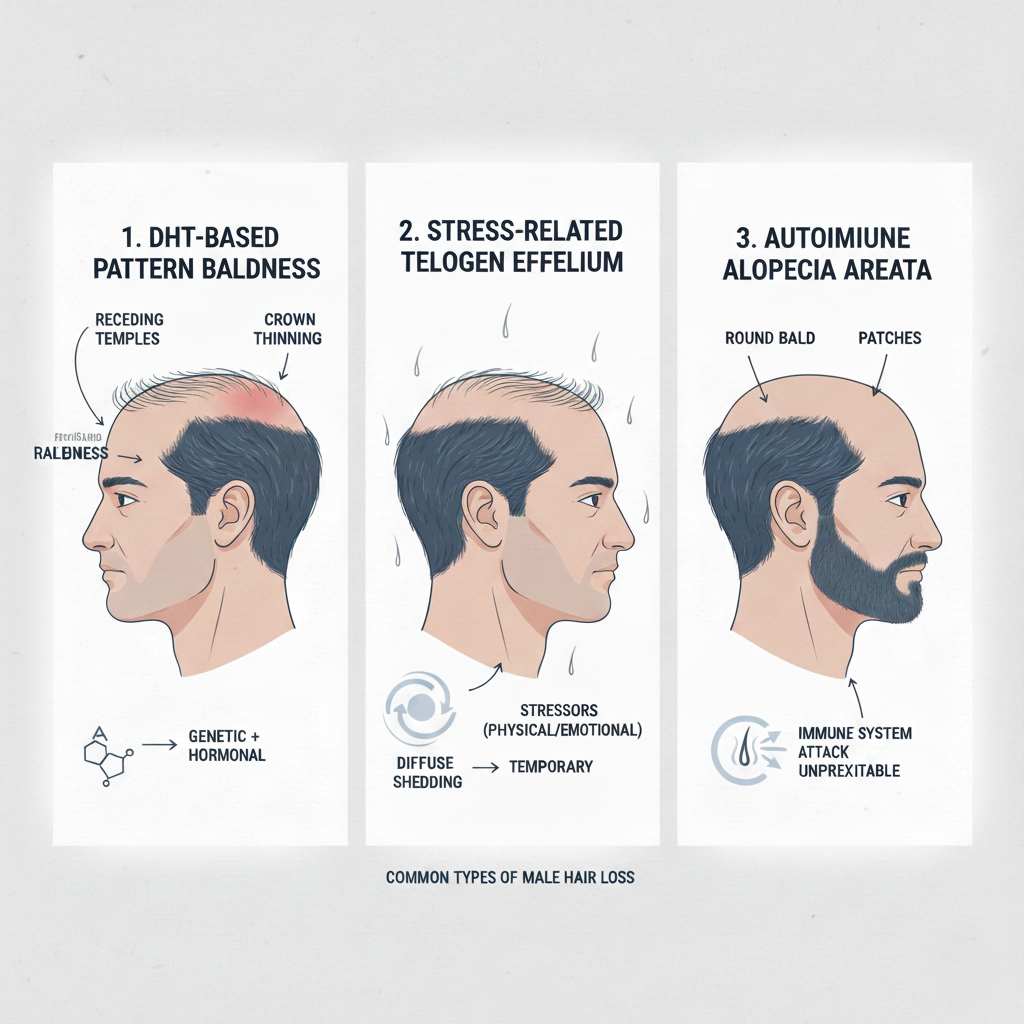 Men’s hair loss illustration showing DHT thinning at crown and temples, stress-related diffuse hair shedding, and autoimmune patchy bald spots.