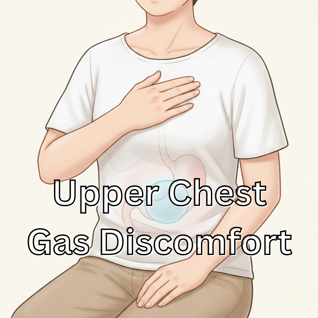 Illustration of trapped gas in the stomach causing upper chest pressure after eating