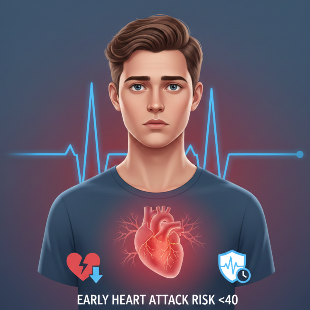 Young adult with highlighted heart area and ECG line showing rising heart attack risk under 40.