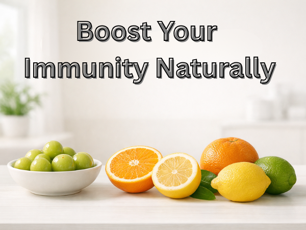Clean medical image showing natural immunity foods like amla and citrus fruits in soft sunlight, without supplements