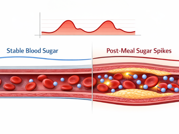 Illustration showing stable blood sugar versus post-meal blood sugar spikes damaging blood vessels and increasing heart and brain risk