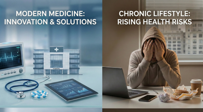 Conceptual image showing modern medical technology alongside lifestyle factors contributing to the rise of chronic diseases