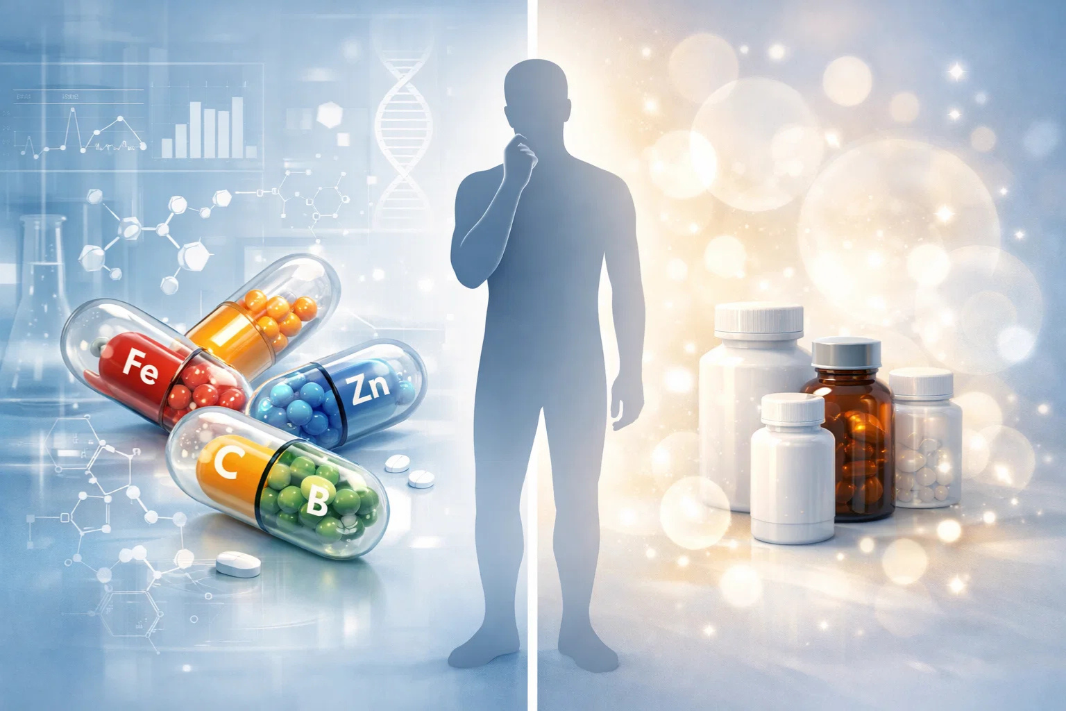 Illustration comparing dietary supplements backed by science with placebo effects influencing perceived health benefits.