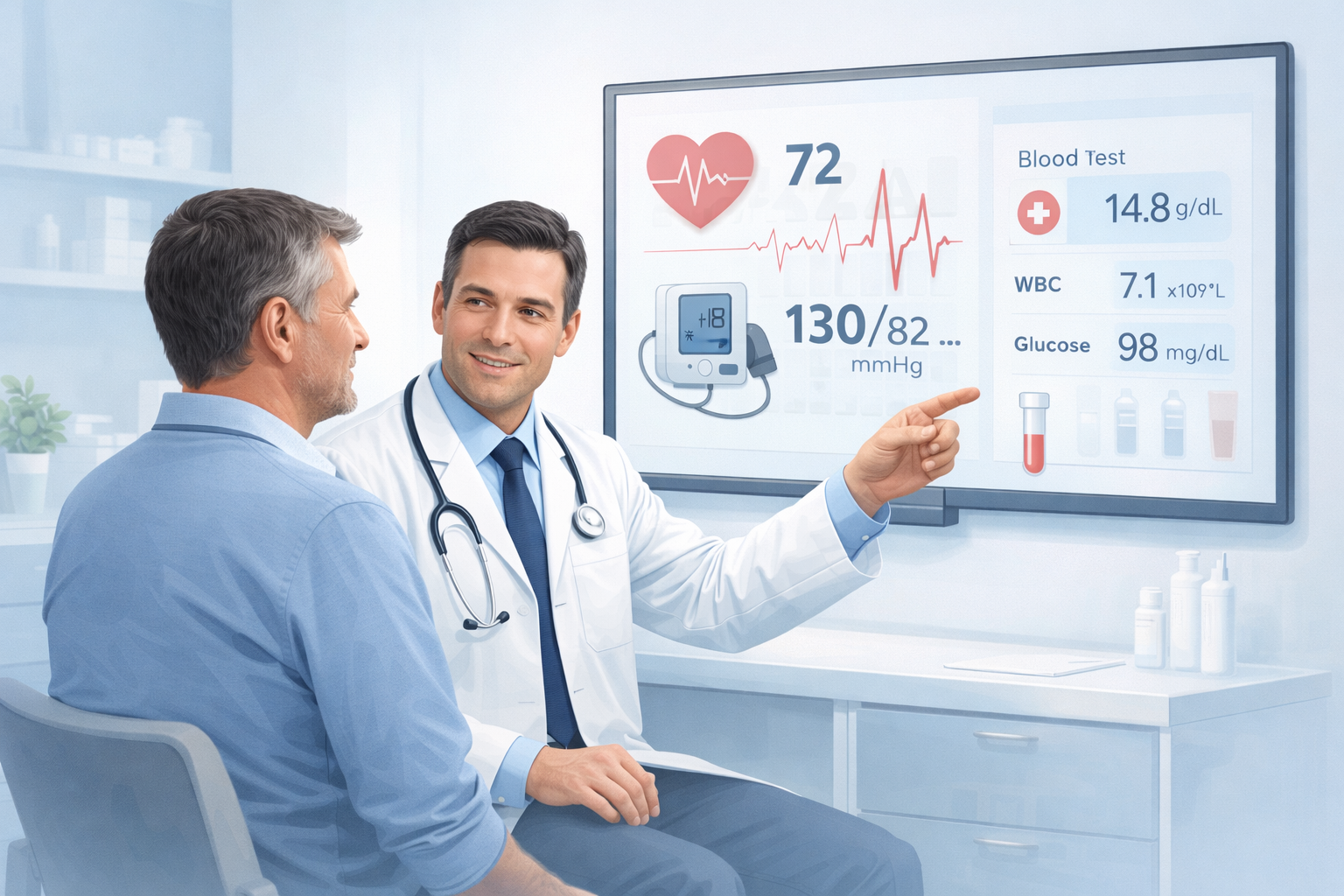 Doctor explaining preventive health checkup results including blood pressure, glucose, and blood test reports to a patient
