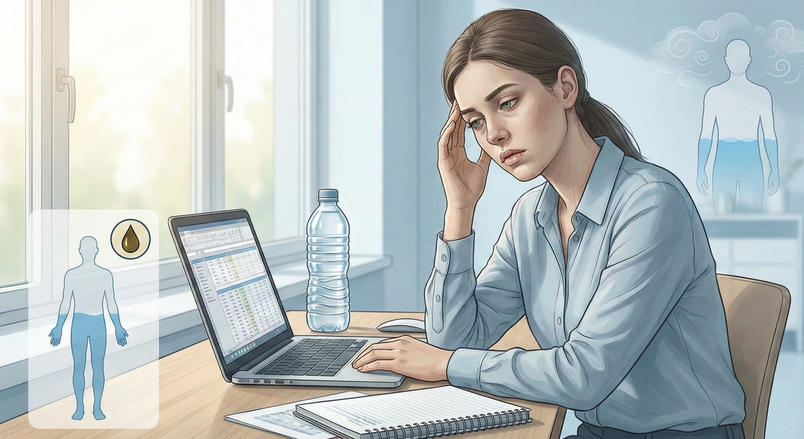 Tired office worker with dry lips and headache showing early dehydration symptoms