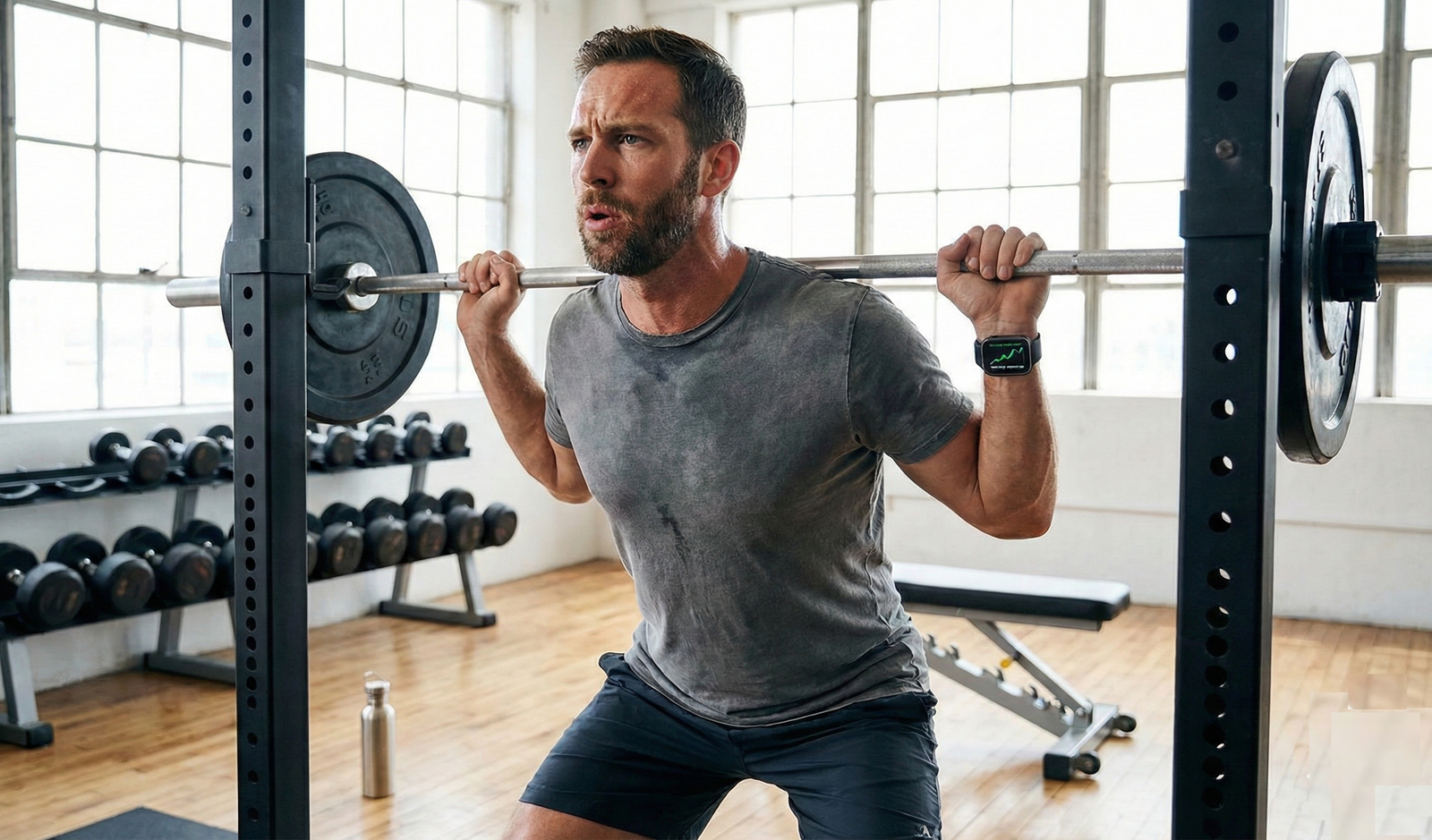 Man doing barbell squats in gym for muscle building after 30 strength training workout