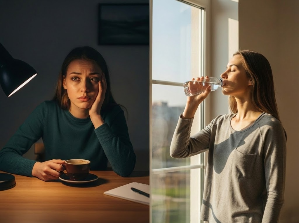 Split image showing caffeine withdrawal symptoms vs benefits after quitting caffeine including better sleep and stable energy