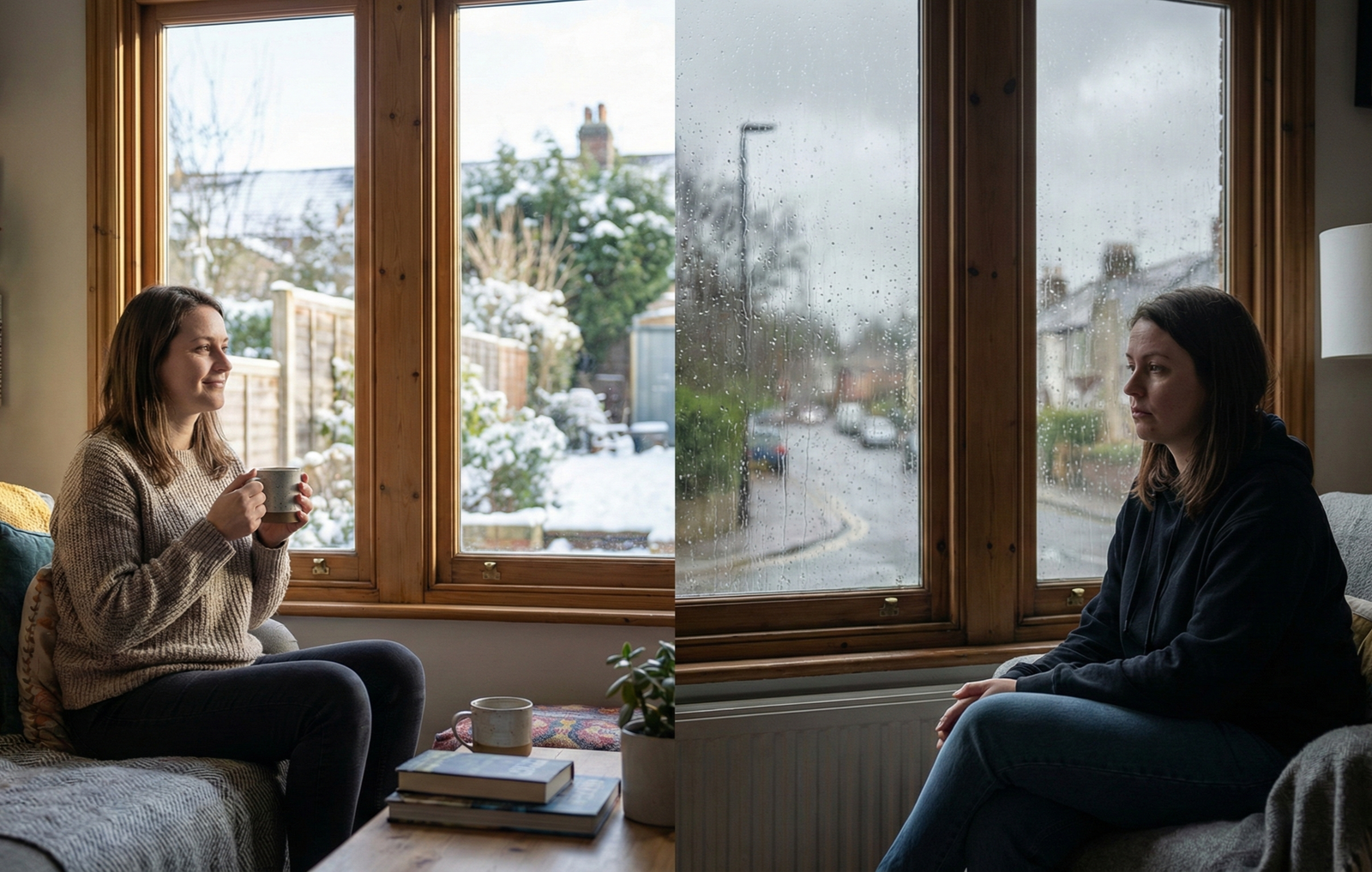 Person sitting by window showing mood changes during different seasons