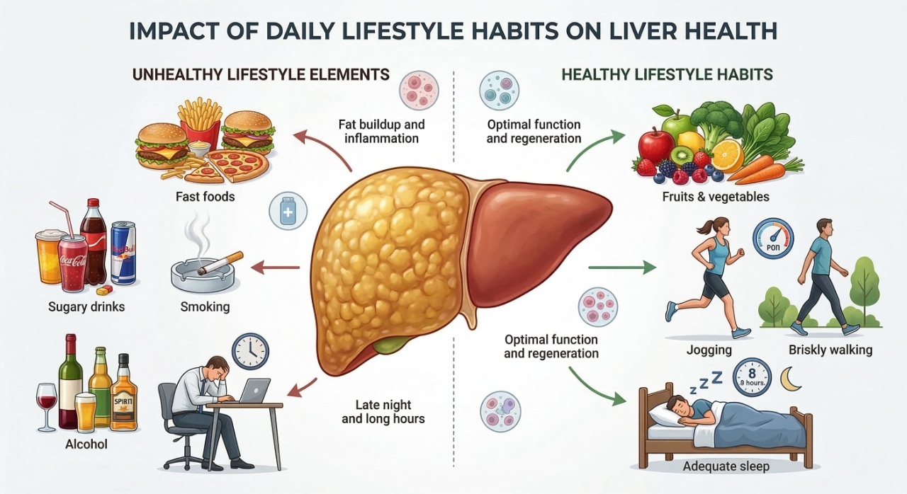 Illustration showing unhealthy habits like sugar, alcohol, smoking, and fast food affecting liver health and causing fatty liver disease.
