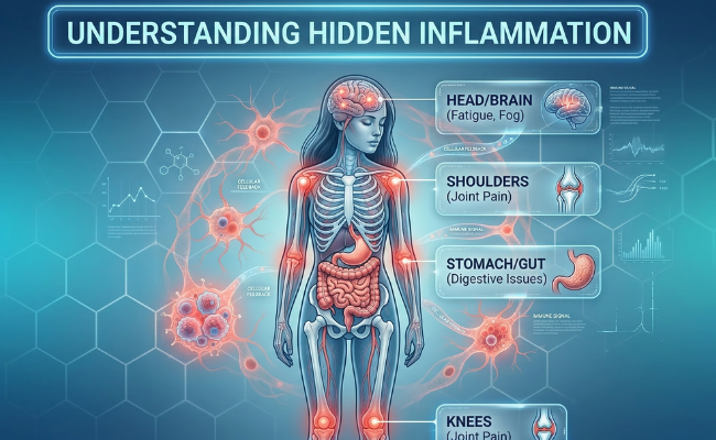Illustration showing inflammation in the human body with red highlighted areas in joints, stomach, and head