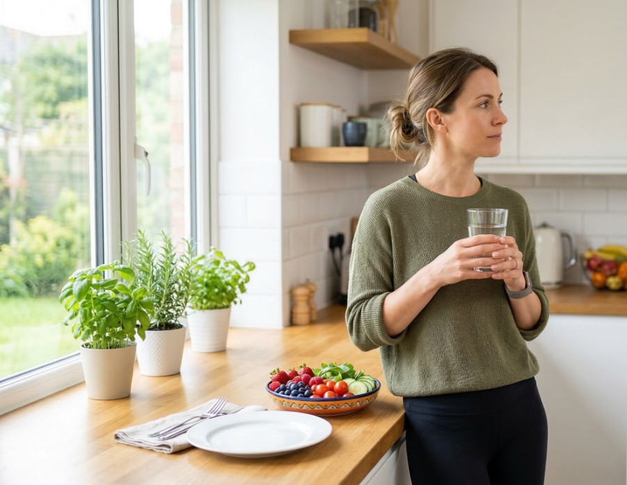 Person practising intermittent fasting with empty plate and healthy foods on table