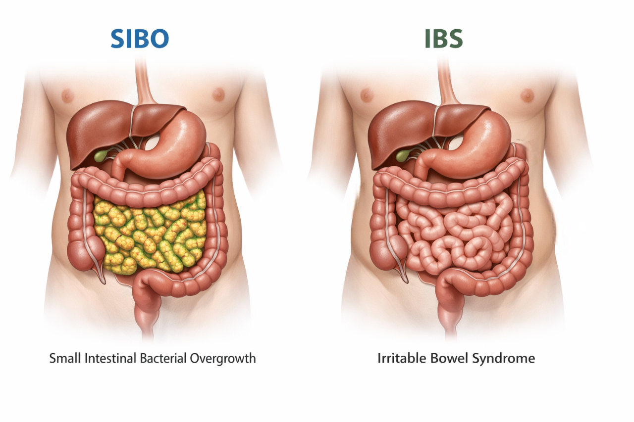 Medical diagram comparing SIBO and IBS showing bacterial overgrowth in the small intestine and gut sensitivity differences.