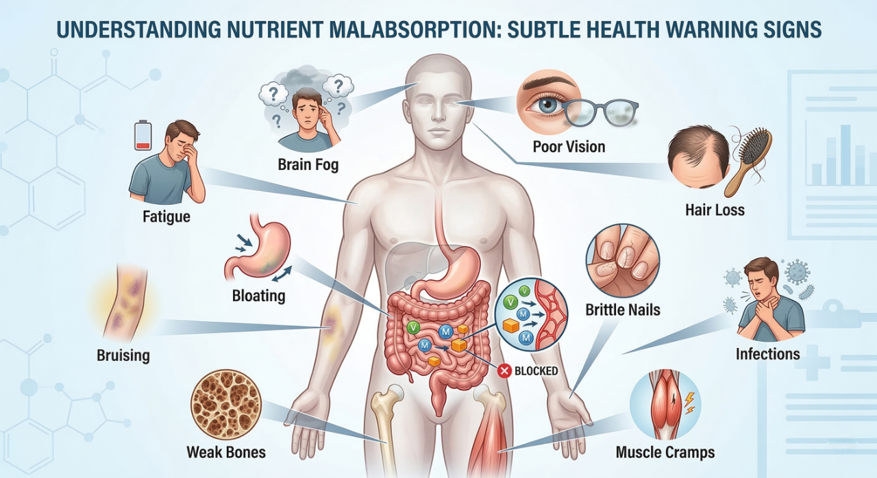 Illustration of human body showing digestive system and symptoms of nutrient malabsorption like fatigue, hair loss, bloating, and weak immunity.