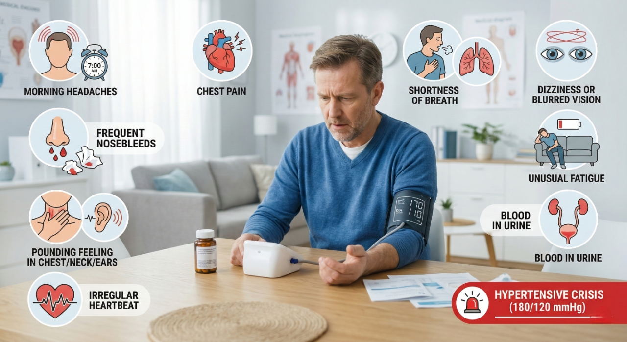Infographic showing 10 silent symptoms of high blood pressure including headache, chest pain, dizziness, fatigue, and irregular heartbeat