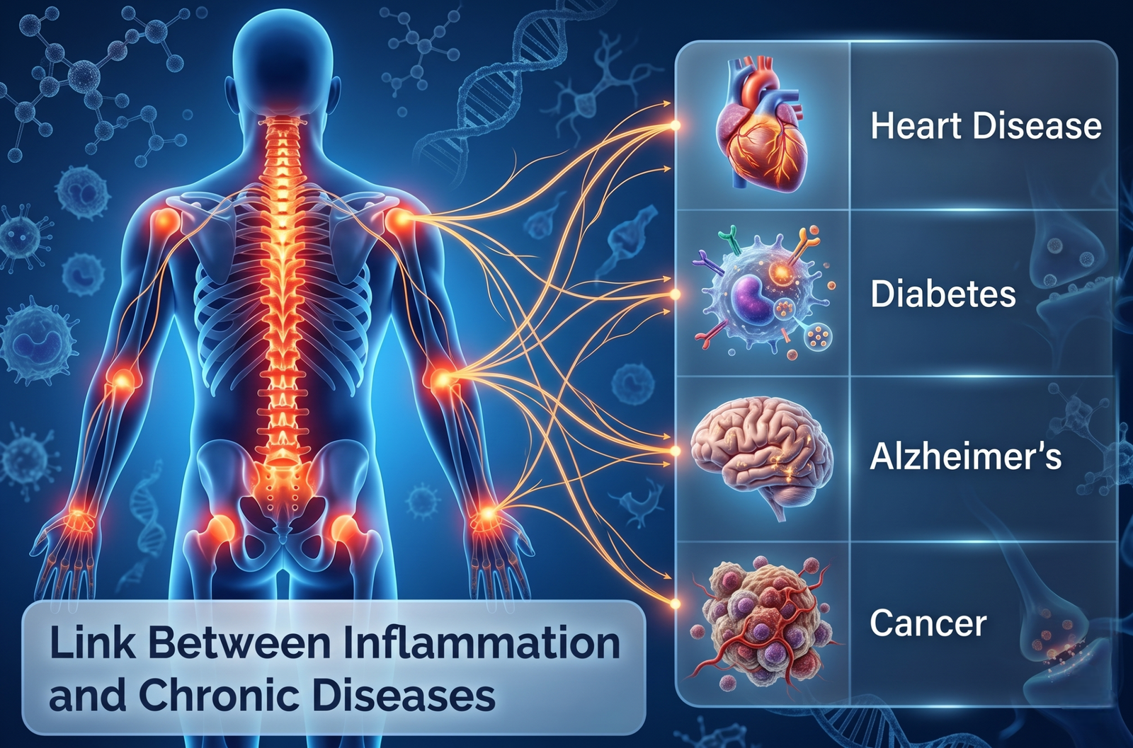 illustration showing chronic inflammation in human body linked to heart disease diabetes and brain disorders