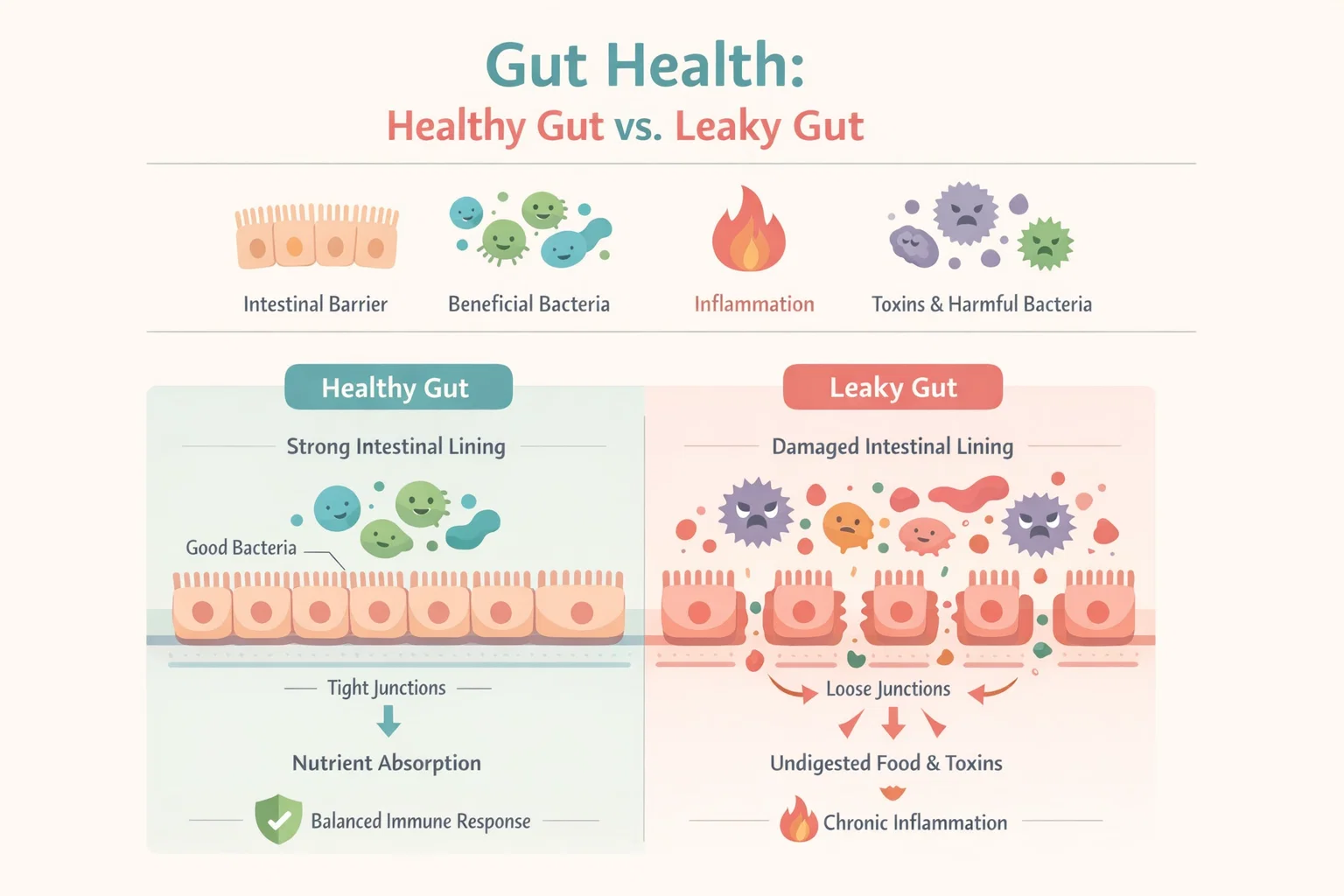 leaky gut syndrome illustration showing intestinal permeability and damaged gut lining allowing toxins through