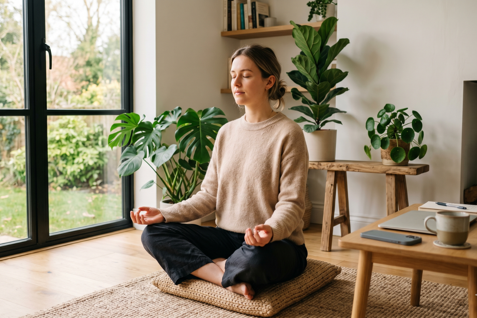 Woman meditating peacefully at home to reduce stress and improve mental well-being