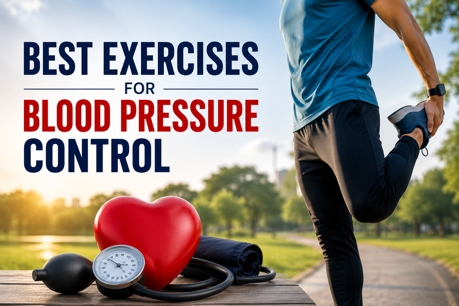 Person doing exercise for blood pressure control with heart and BP monitor in outdoor park background