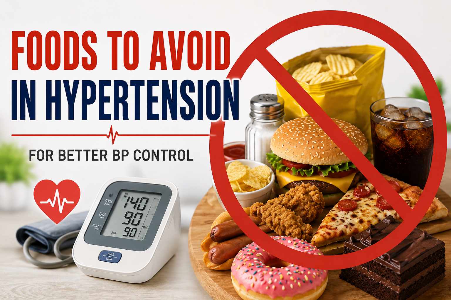 Foods to avoid in hypertension including fast food, salty snacks, soda, and processed foods for BP control.