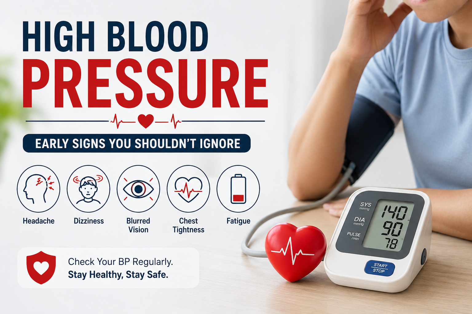 High blood pressure symptoms infographic with BP monitor and warning signs