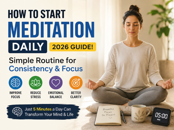 Person practicing daily meditation at home for focus, mindfulness, and stress relief in 2026
