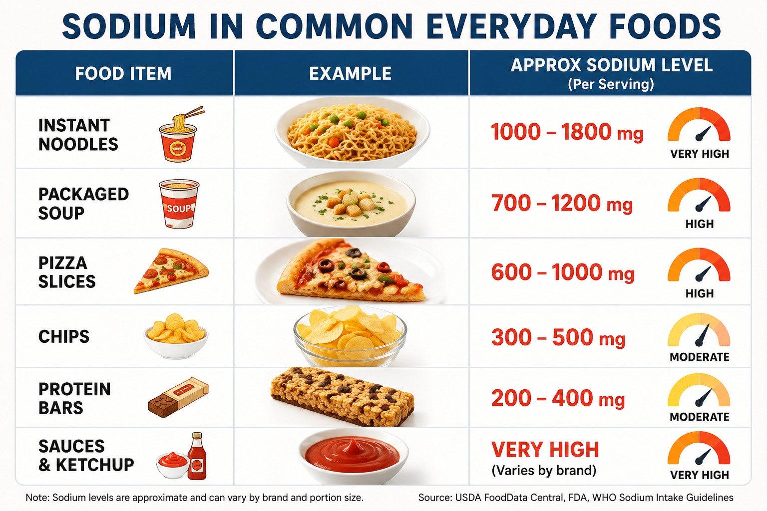 Infographic showing sodium levels in common foods including noodles, pizza, chips, soups, and sauces with sodium content comparison