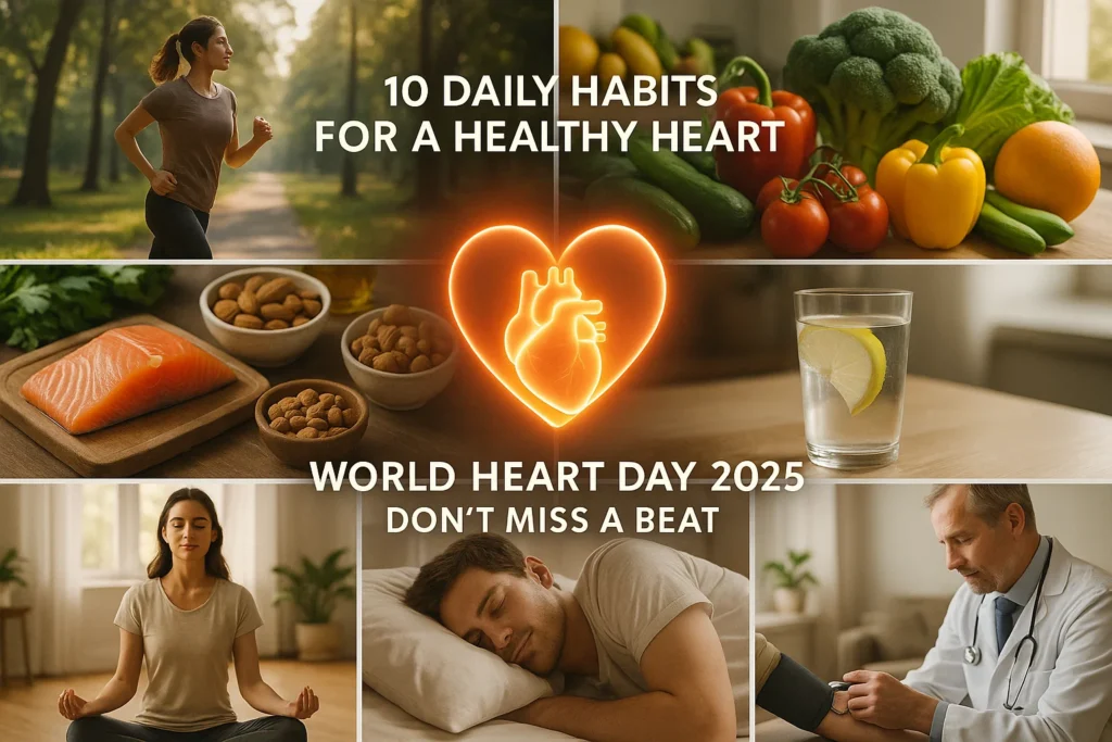 Realistic illustration of a glowing heart surrounded by exercise, healthy foods, water, sleep, meditation, and medical checkup—showing daily habits for strong heart health in 2025, World Heart Day theme “Don’t Miss a Beat