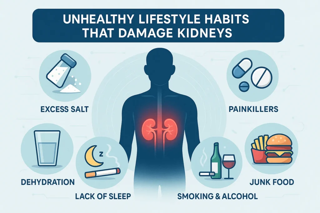 Kidney health infographic showing 6 daily habits that damage kidneys—high salt, dehydration, painkillers, junk food, smoking, and poor sleep—with prevention tips for CKD.