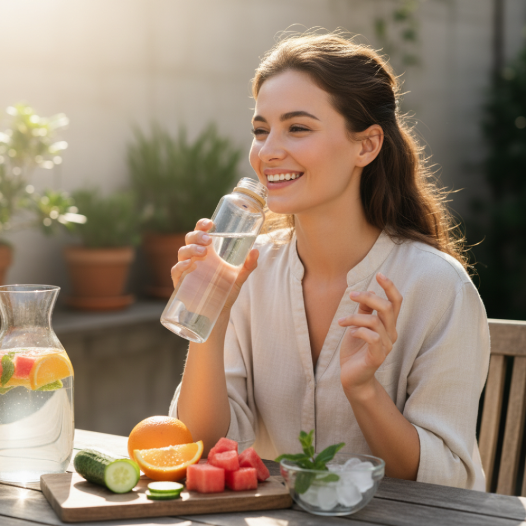 Woman drinking water for glowing skin and healthy digestion