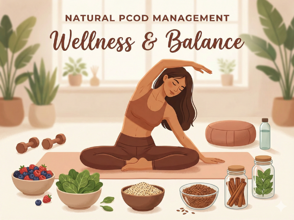Healthy woman surrounded by fruits, vegetables, herbs, and doing yoga for natural PCOD management