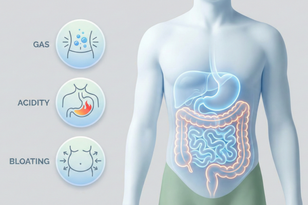 Gas vs acidity vs bloating differences shown through digestive system illustration