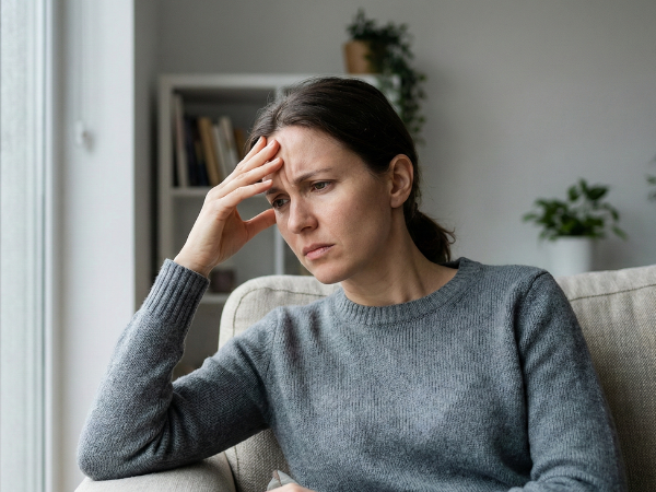 Person experiencing frequent headache, holding head in discomfort